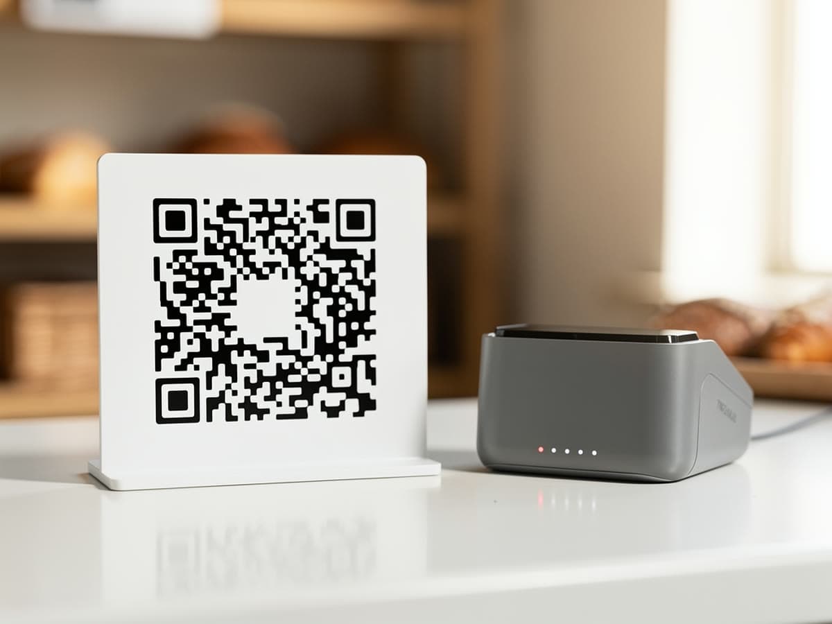 Aufsteller mit QR-Code an einer Ladentheke