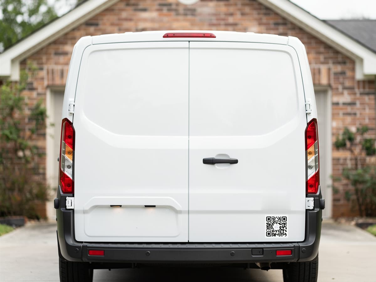 Heck eines weißen Handwerkerfahrzeugs mit kleinem QR-Code an der Hecktür
