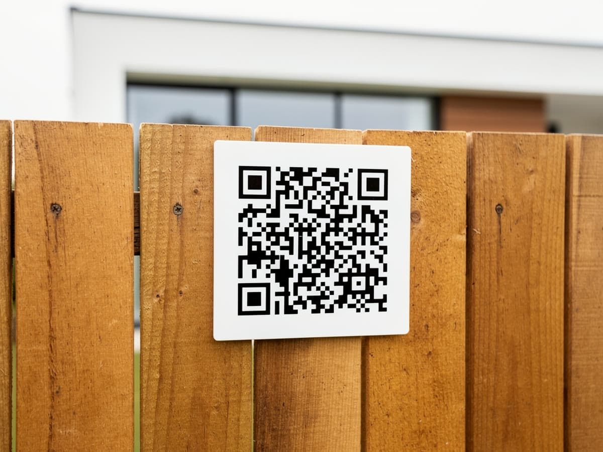 Kleines weißes Schild mit QR-Code an einem Holzzaun vor einem Haus