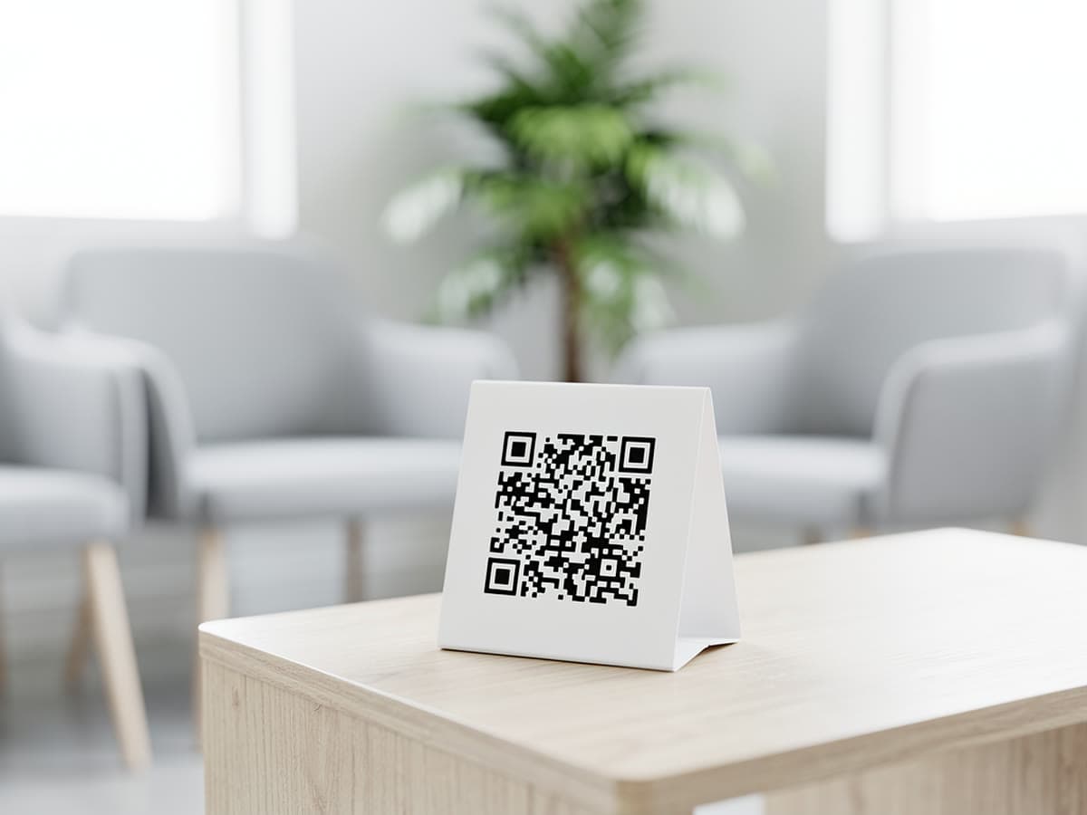 Hinweisschild mit QR-Code im Wartezimmer einer Praxis