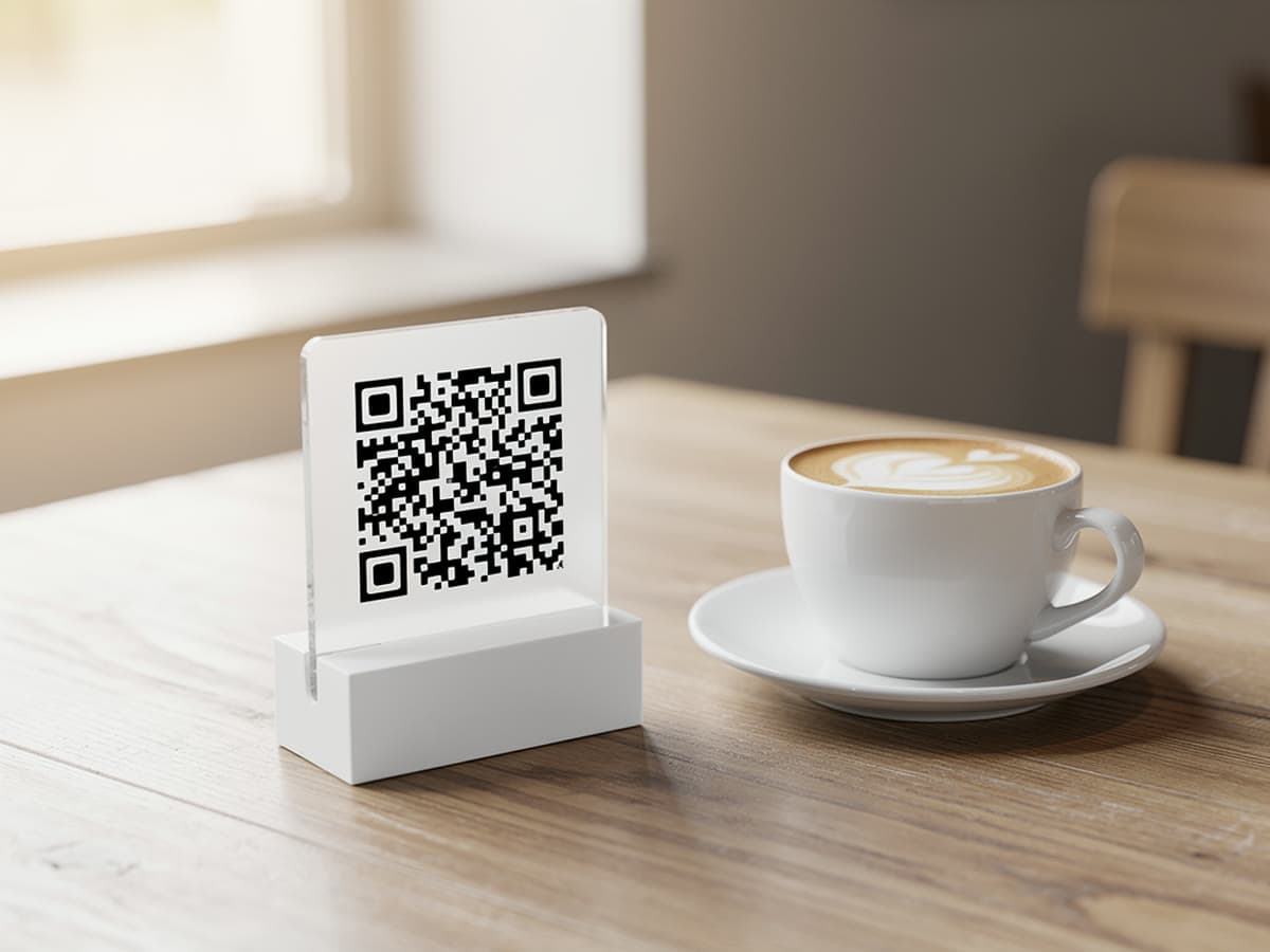 Kleiner Aufsteller mit QR-Code auf einem Cafétisch, daneben eine Tasse Kaffee