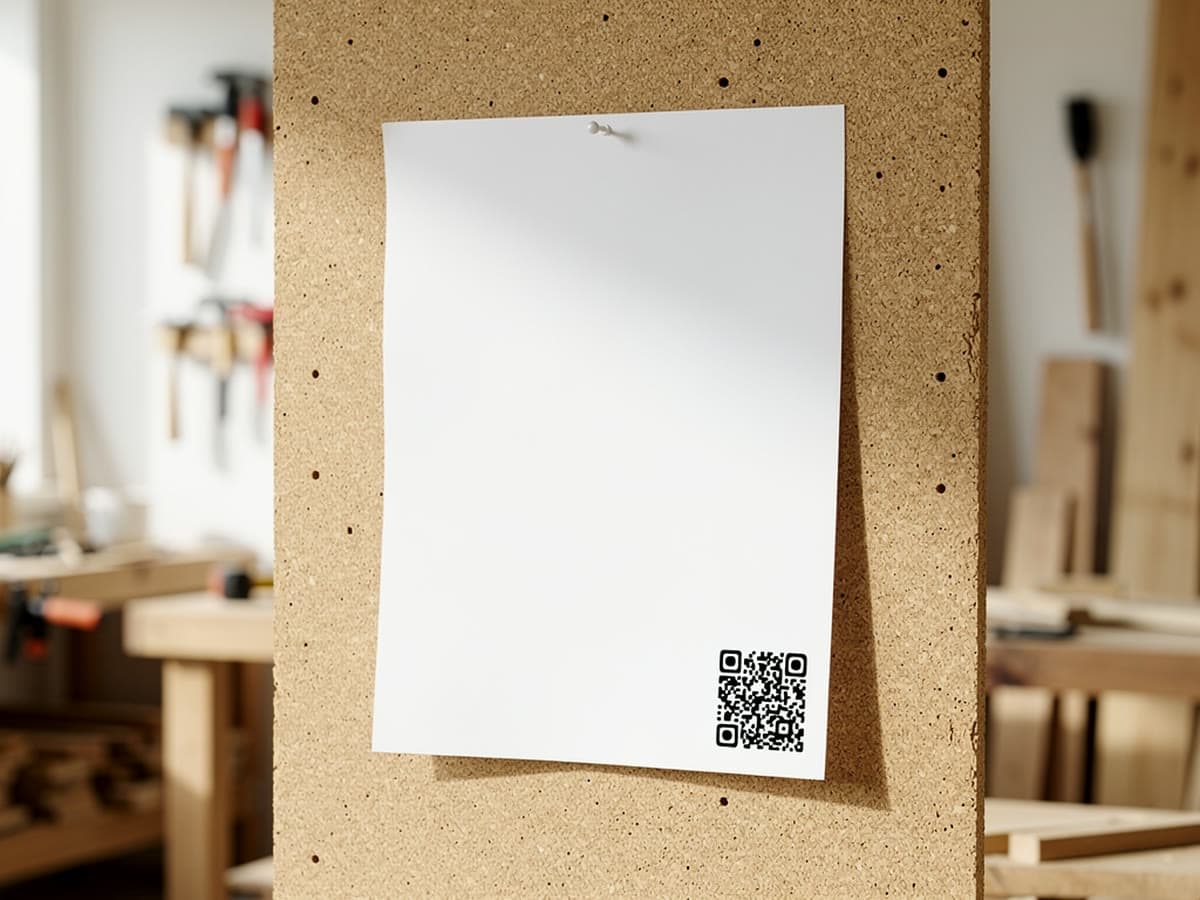 Blatt mit kleinem QR-Code an einer Pinnwand in einer hellen Werkstatt