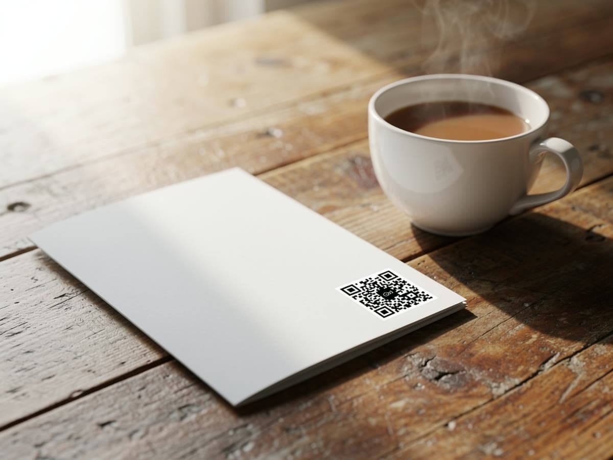 Gefalteter Flyer mit kleinem QR-Code auf einem Holztisch neben einer Tasse