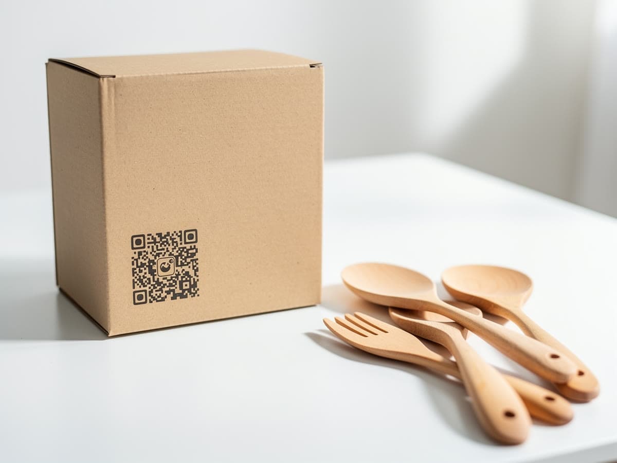 Karton mit kleinem aufgedrucktem QR-Code neben hölzernen Küchenhelfern