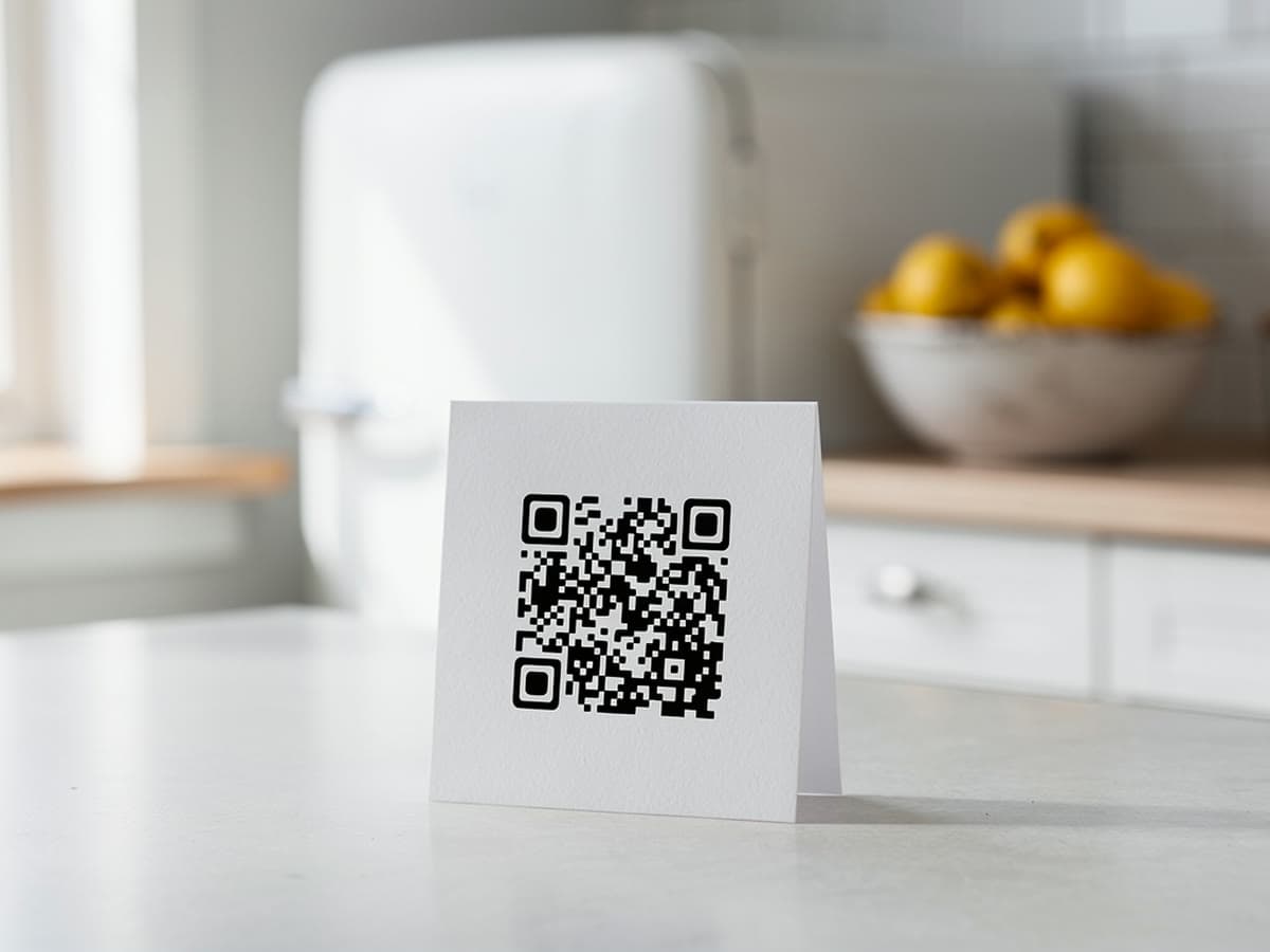 Karte mit QR-Code für den WLAN-Zugang in einer hellen Ferienwohnung